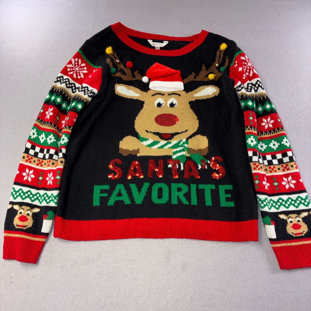 No Boundaries Sweater Womens XXL Black Reindeer Santas Favorite Ugly Christmas